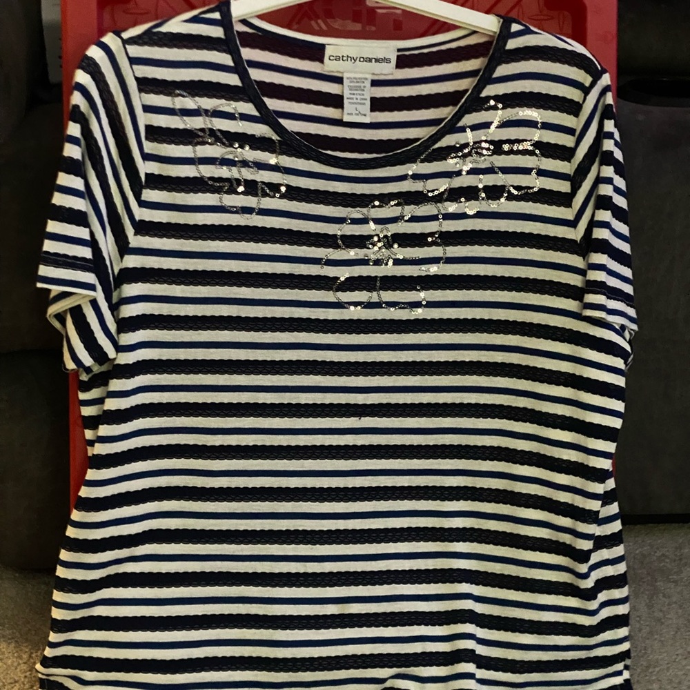 Cathy Daniels Black and White Striped Short Sleeve Top with silver sequins.